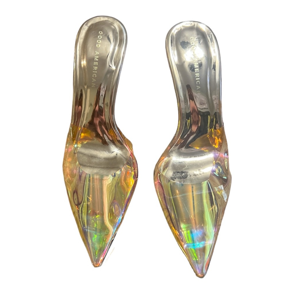 Good American Iridescent Holographic Pointed Toe Mule Heels